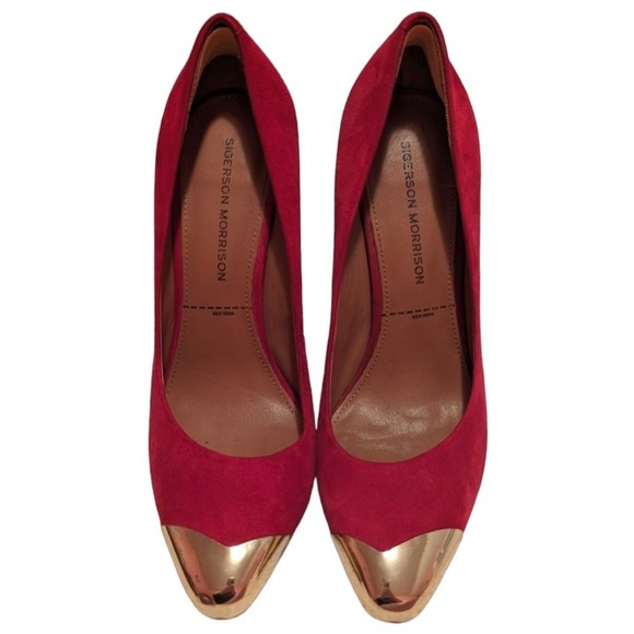 Sigerson Morrison Red Suede Gold Tip Pumps Heels 8.5 Colorful Party Shoes - Picture 1 of 6
